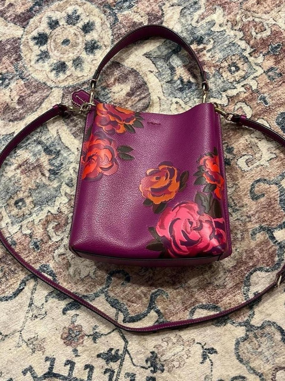 Coach Purple Floral Leather Mollie Bucket Bag - Picture 2 of 8